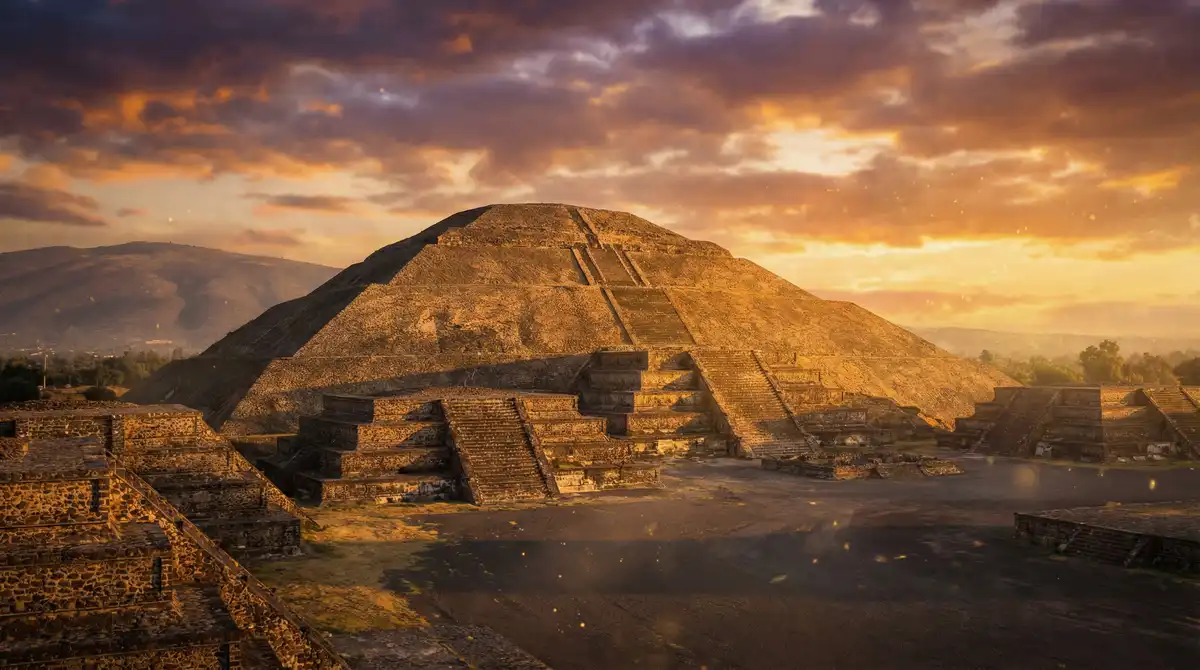 Vista panorámica de las pirámides de Teotihuacán al atardecer representando la grandeza de Apuesta Total Casino