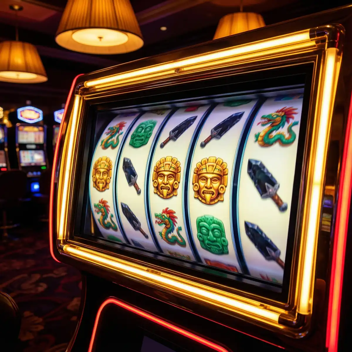 Tragamonedas con temática azteca mostrando símbolos dorados y gemas brillantes